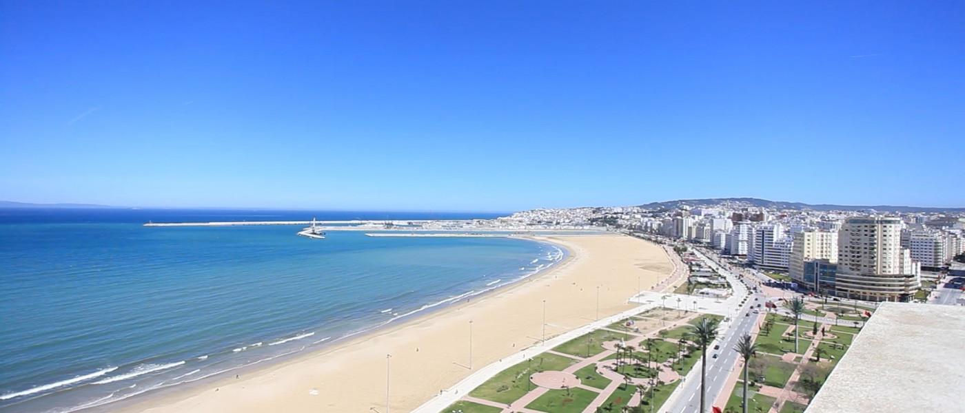 Tangier's beaches and ocean-front business district, viewed from a highrise rooftop.