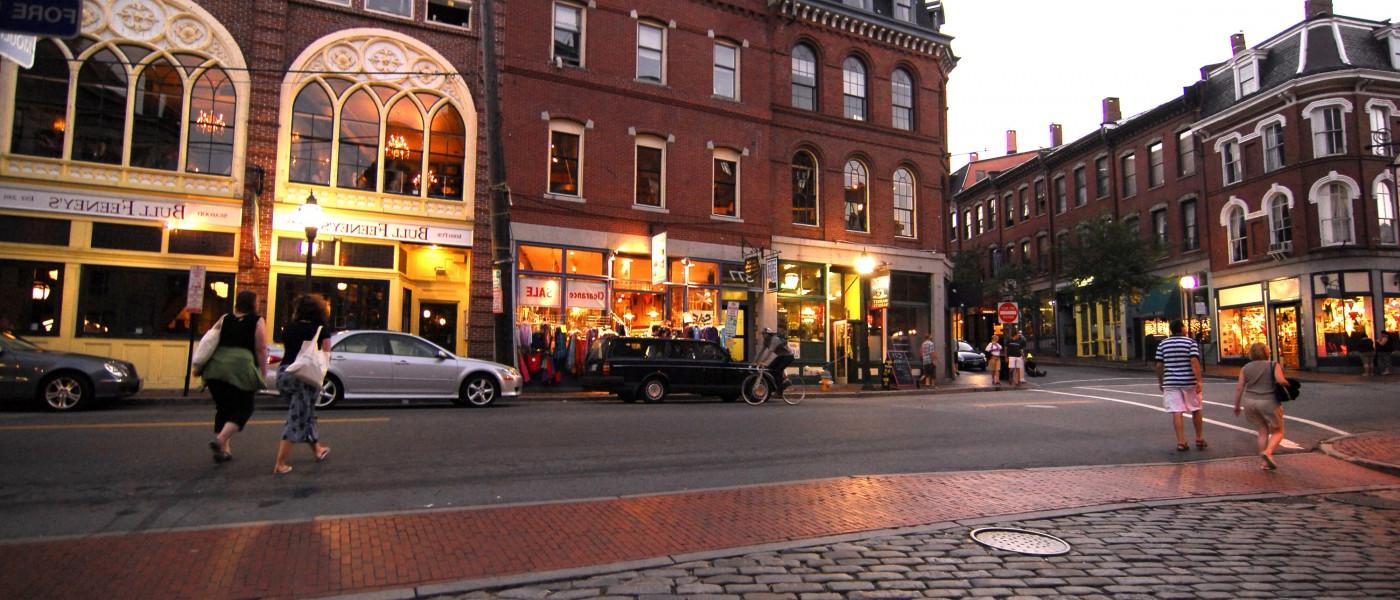 Portland's historic Old Port district at dusk